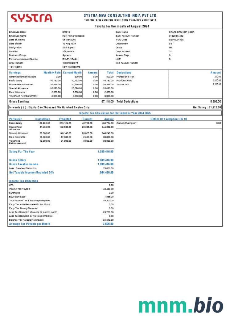 Systra MVA Consulting India payslip template w formatach Word i PDF